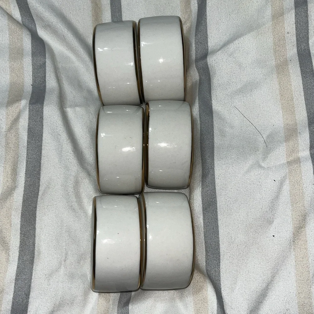 Ceramic Vintage Napkin Ring Holders White With Gold Trim Hostess Party Set of 6